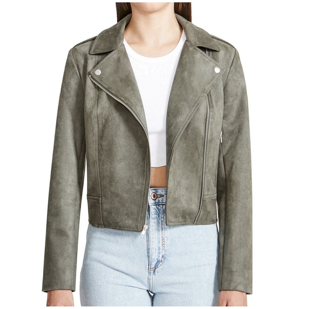BB Dakota Steve Madden Faux Suede Moto Jacket Vegan Green Asymmetric Zip Small - Picture 2 of 14